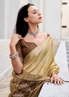 Beige Gold Zari Woven Soft Silk Saree With Ikat Pallu