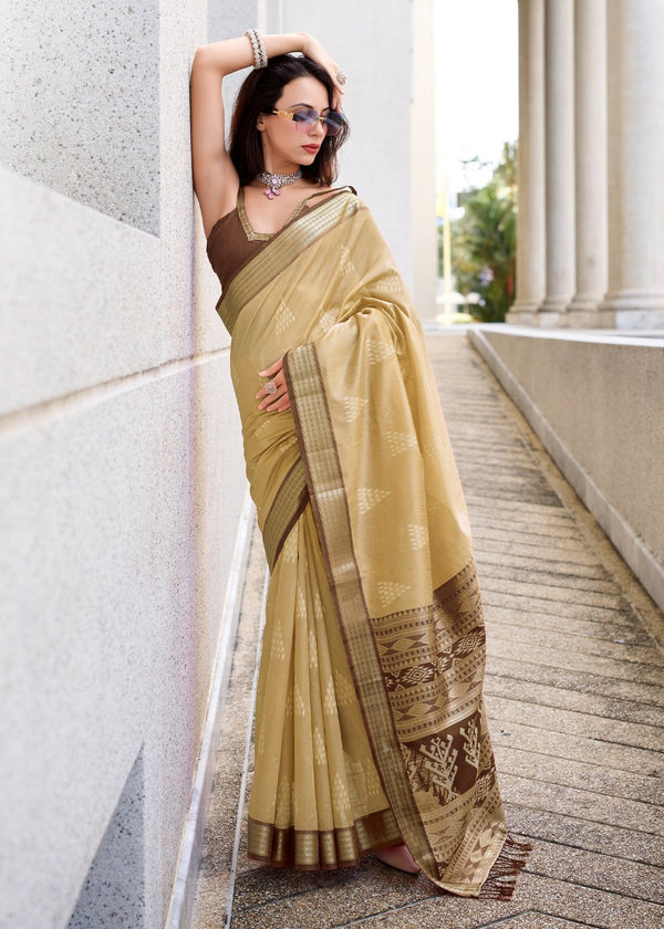 Beige Gold Zari Woven Soft Silk Saree With Ikat Pallu