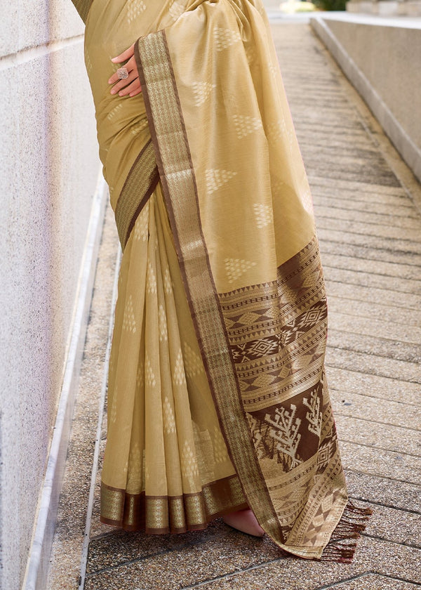 Beige Gold Zari Woven Soft Silk Saree With Ikat Pallu