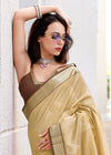 Beige Gold Zari Woven Soft Silk Saree With Ikat Pallu