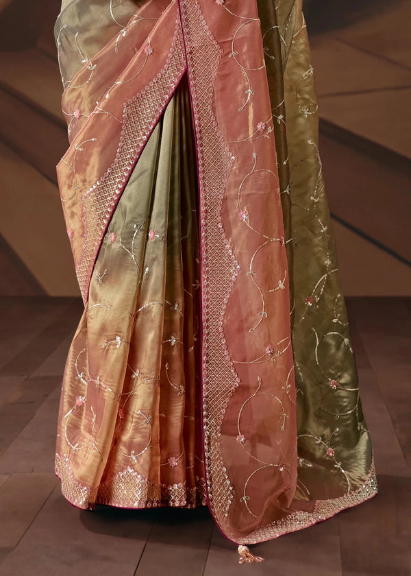 Beige Rose Dual Tone Organza Silk Saree with Wine Contrast Blouse