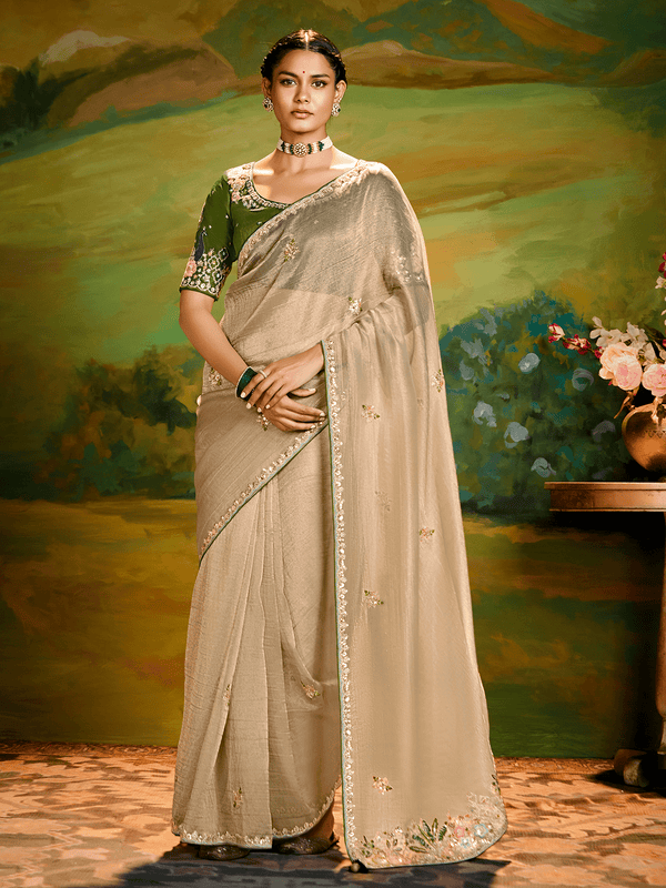 Beige Tissue Silk Designer Saree with Floral Border