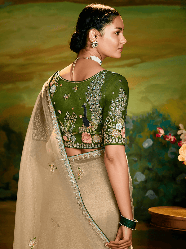 Beige Tissue Silk Designer Saree with Floral Border