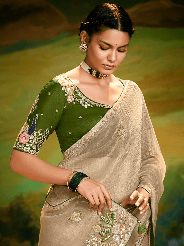 Beige Tissue Silk Designer Saree with Floral Border