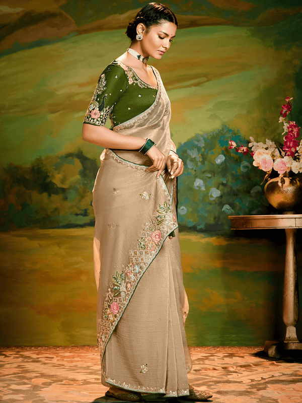 Beige Tissue Silk Designer Saree with Floral Border