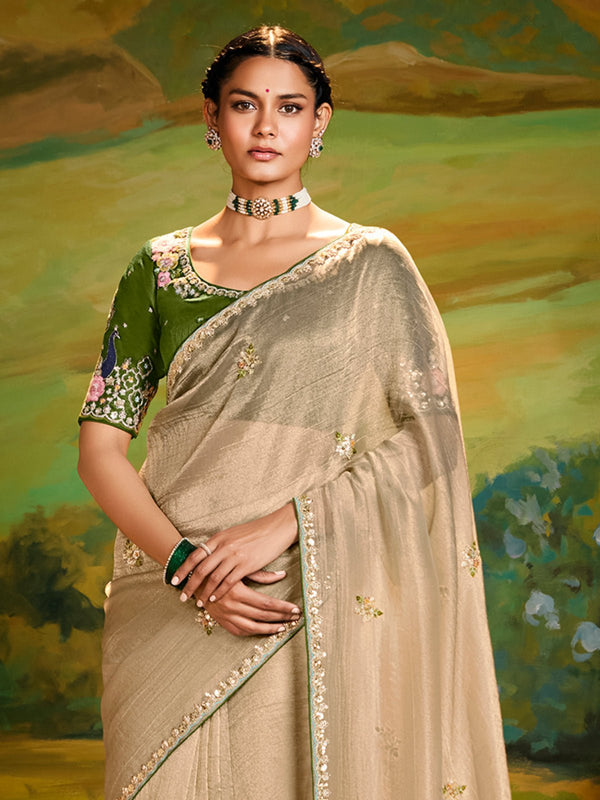 Beige Tissue Silk Designer Saree with Floral Border