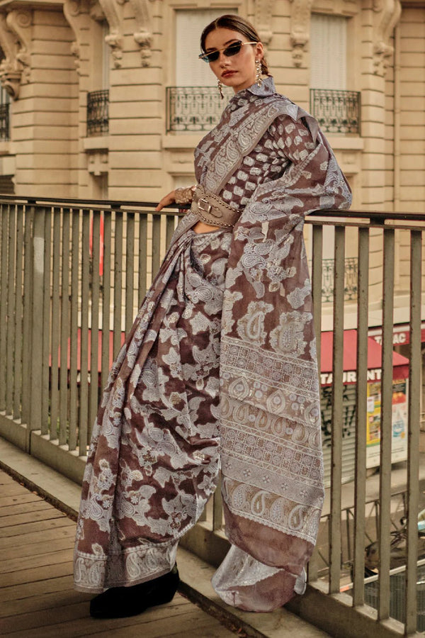 Bistre Brown Lucknowi Chikankari Organza Saree