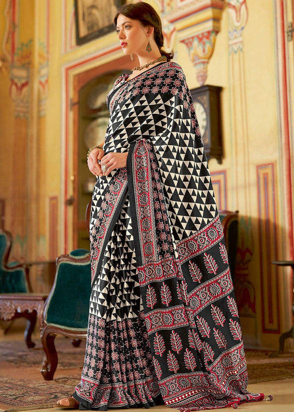 Black And White Ajrakh Printed Satin Crepe Saree