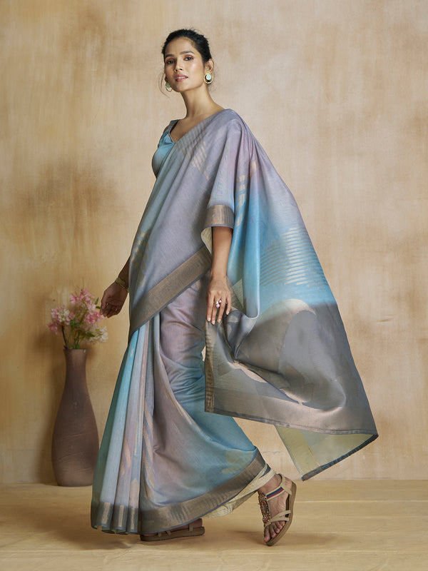 Blue And Grey MultiColor Art Silk Digital Printed Saree