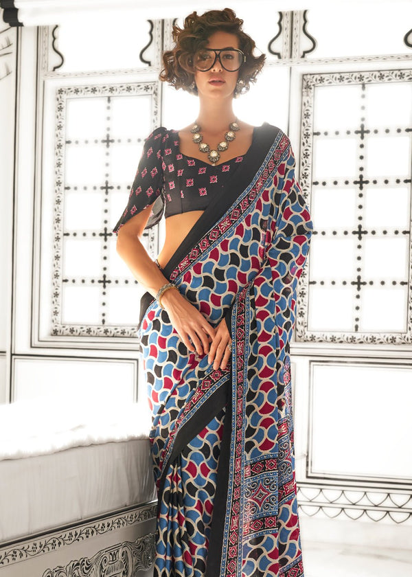 Blue And Red Ajrakh Satin Crepe Saree