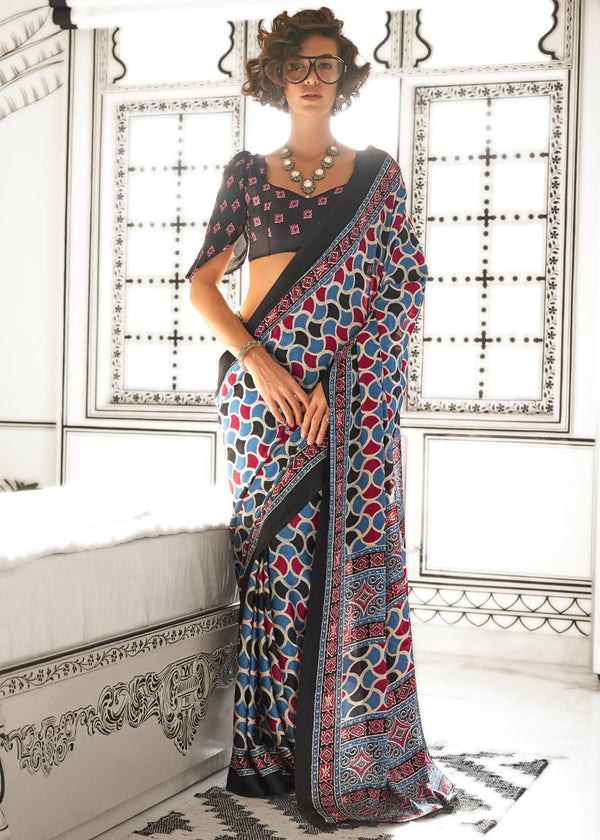 Blue And Red Ajrakh Satin Crepe Saree
