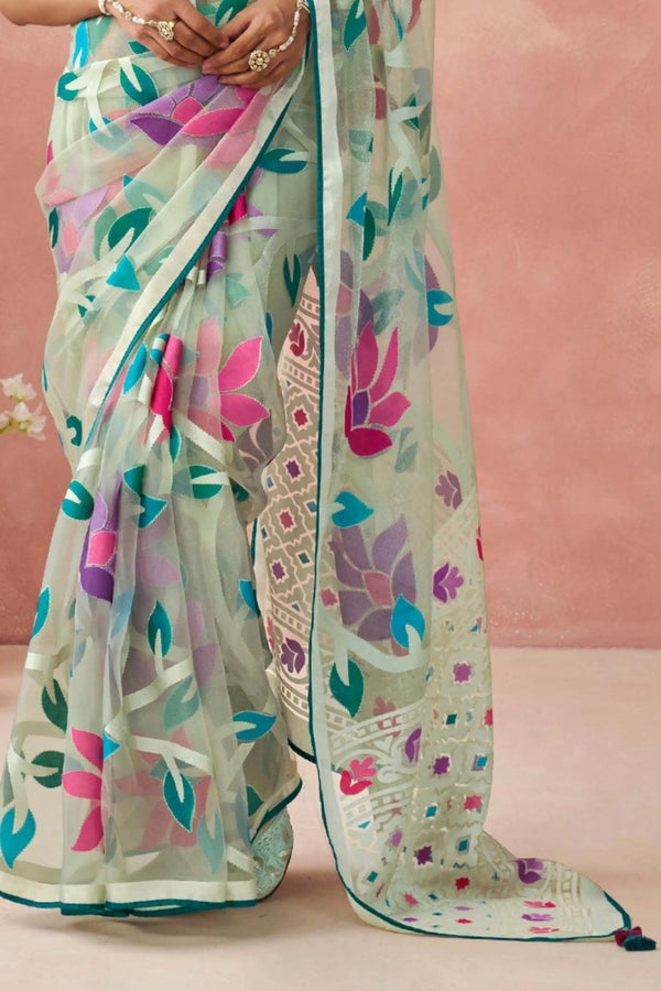 Blue and White Brasso Organza Printed Saree