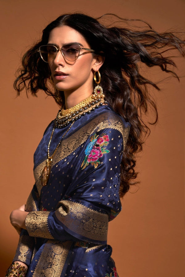 Blue Handloom Satin Silk Saree