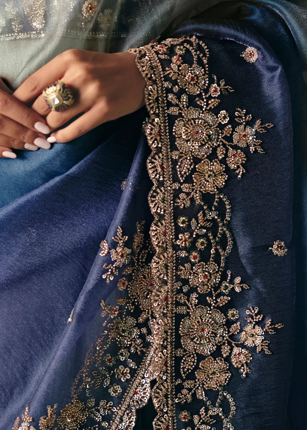 Blue Ombre Designer Silk Saree with Heavy Embroidery Work