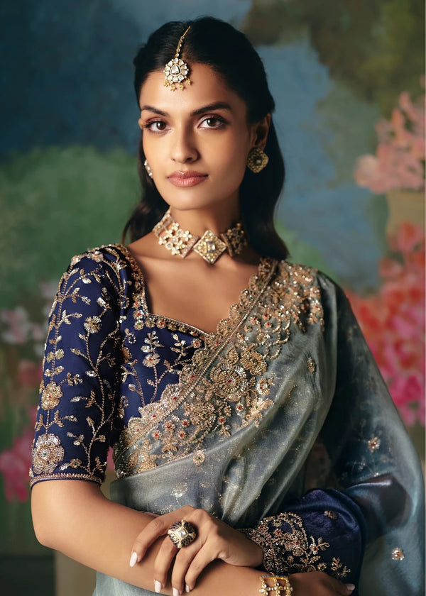 Blue Ombre Designer Silk Saree with Heavy Embroidery Work