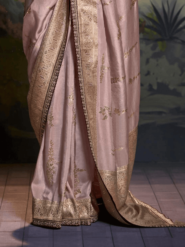Blush Pink Banarasi Tissue Silk Saree With Contrast Blouse
