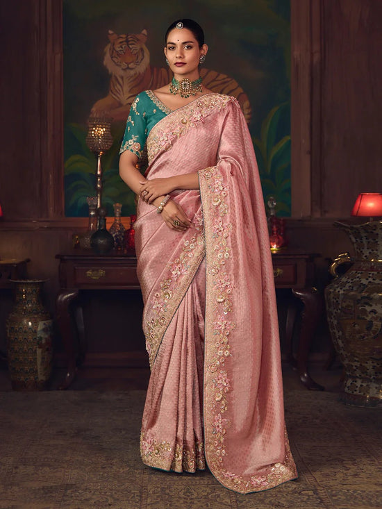 Blush Pink Designer Tissue Silk Saree with Contrast Blouse
