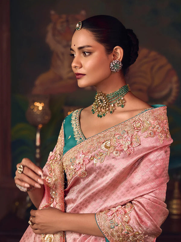 Blush Pink Designer Tissue Silk Saree with Contrast Blouse