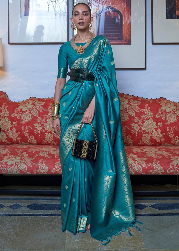 Bondi Blue Dual Tone Zari Woven Handloom Banarasi Silk Saree