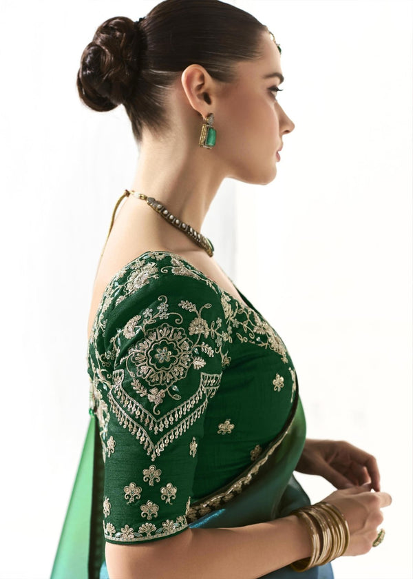 Bottle Green and Navy Blue Organza Tissue Saree