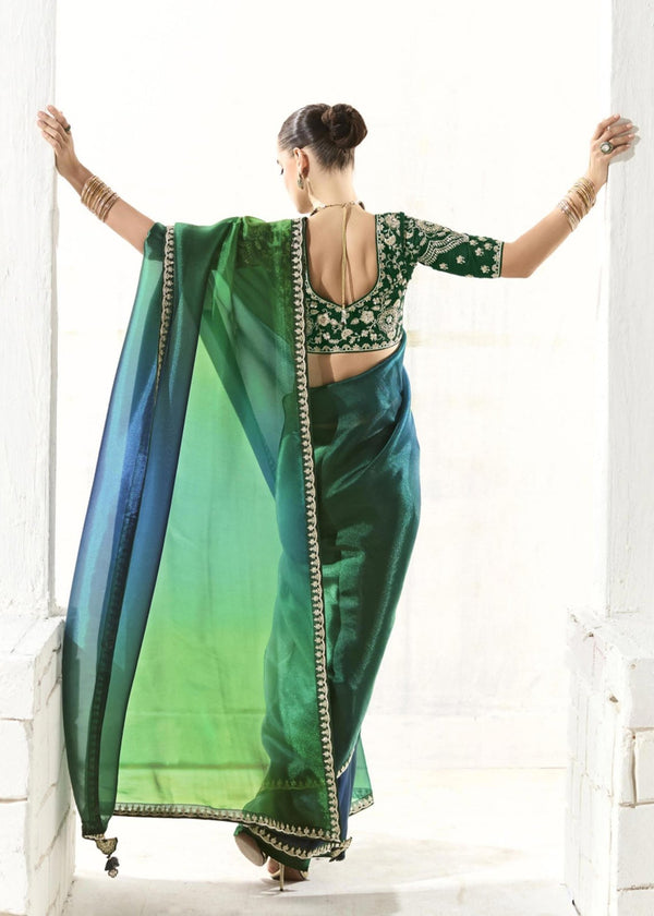 Bottle Green and Navy Blue Organza Tissue Saree