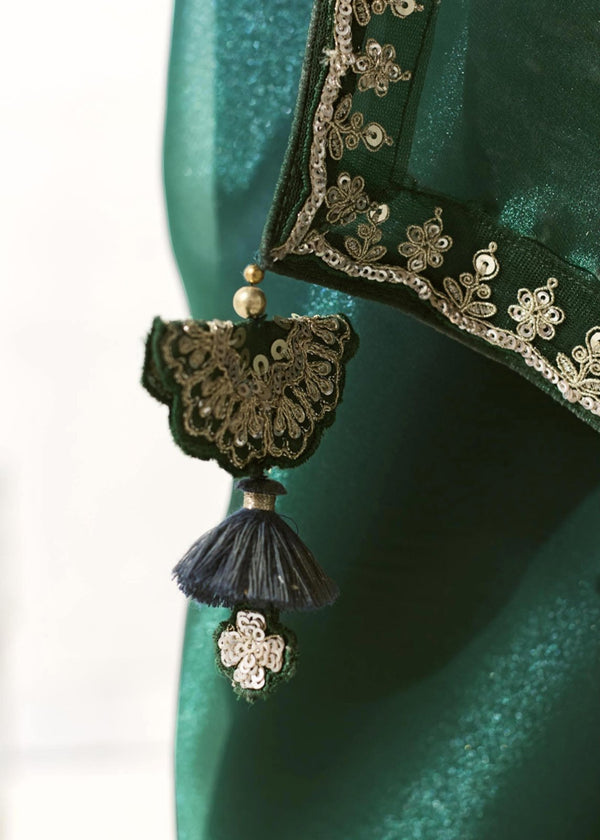 Bottle Green and Navy Blue Organza Tissue Saree