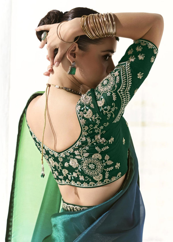 Bottle Green and Navy Blue Organza Tissue Saree