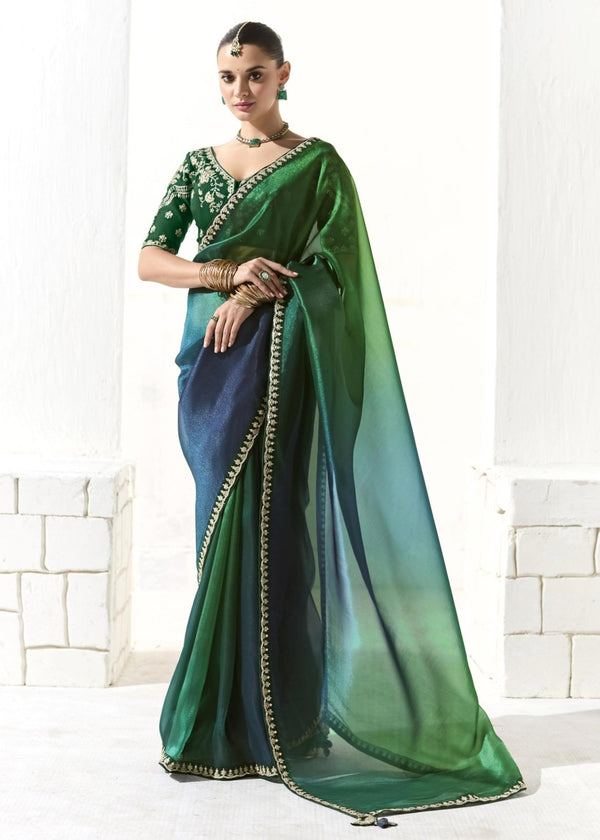 Bottle Green and Navy Blue Organza Tissue Saree