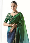 Bottle Green and Navy Blue Organza Tissue Saree