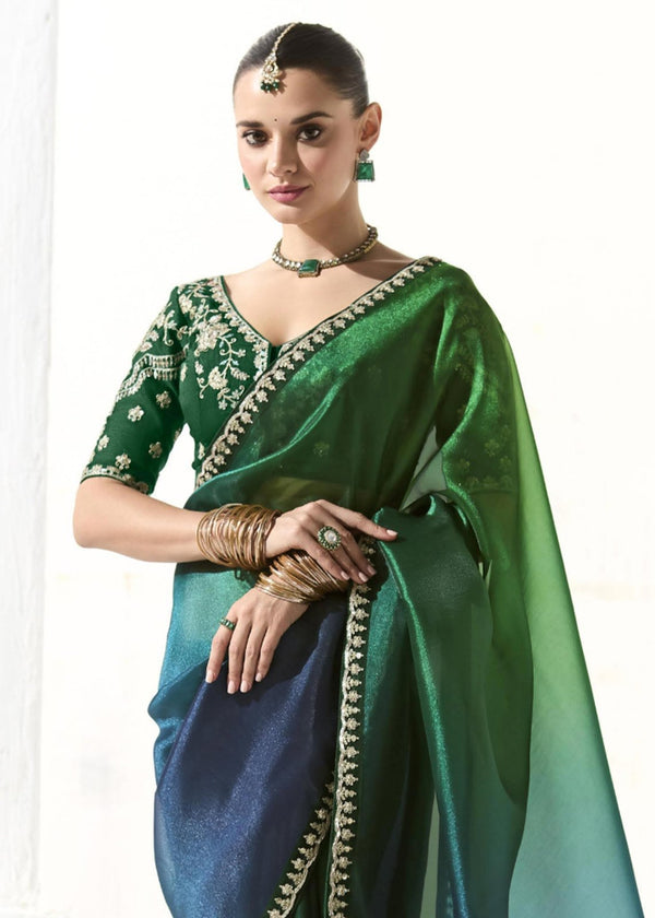 Bottle Green and Navy Blue Organza Tissue Saree