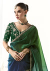 Bottle Green and Navy Blue Organza Tissue Saree