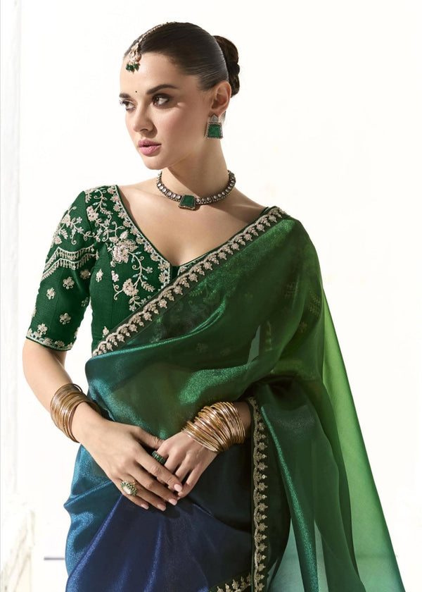 Bottle Green and Navy Blue Organza Tissue Saree