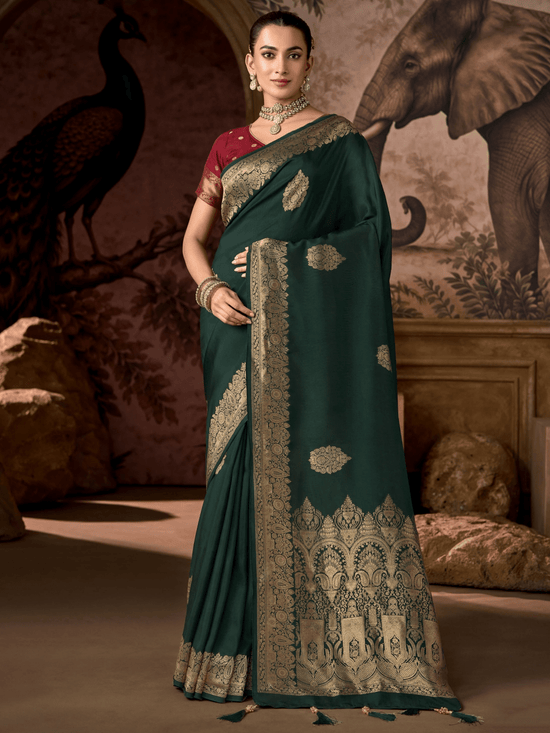 Bottle Green Banarasi Soft Silk Saree With Contrast Blouse
