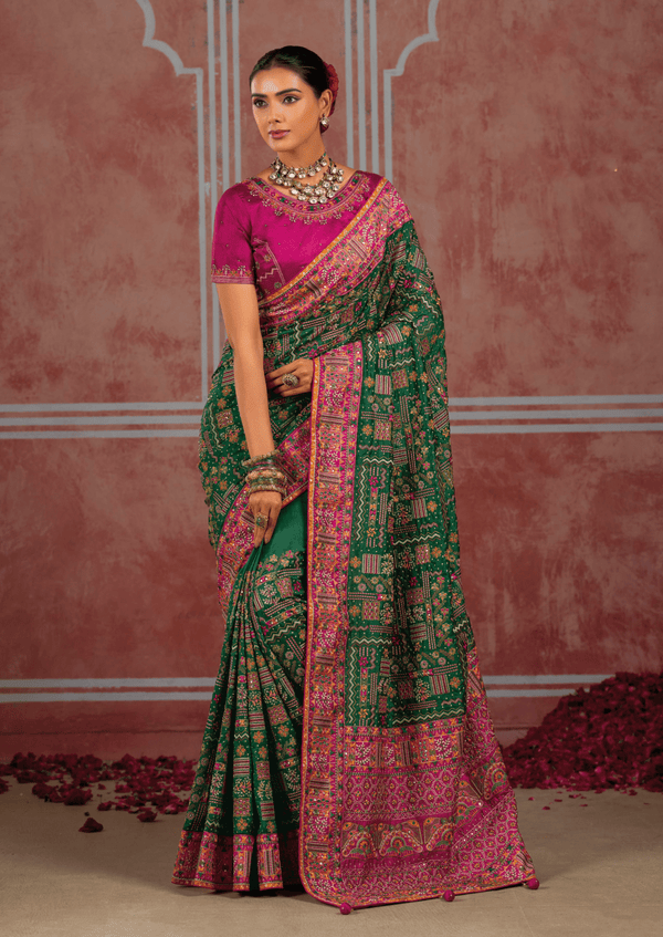Bottle Green Embroidered Designer Satin Silk Saree