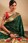 Bottle Green Paithani Silk Saree with Gold Zari Peacock Motif Pallu