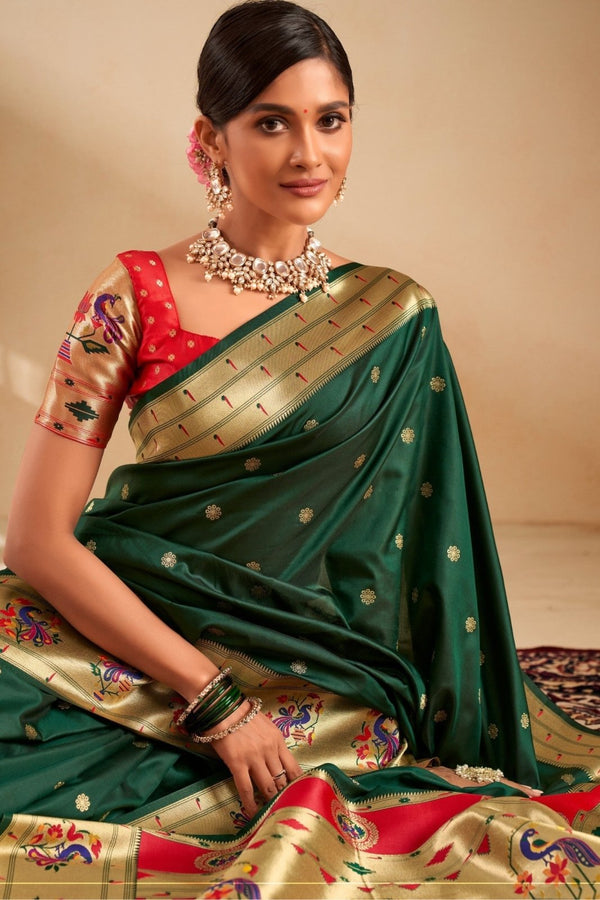 Bottle Green Paithani Silk Saree with Gold Zari Peacock Motif Pallu