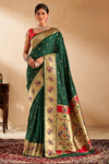 Bottle Green Paithani Silk Saree with Gold Zari Peacock Motif Pallu