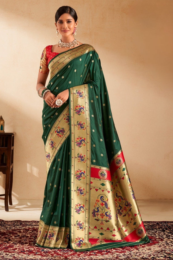 Bottle Green Paithani Silk Saree with Gold Zari Peacock Motif Pallu