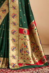 Bottle Green Paithani Silk Saree with Gold Zari Peacock Motif Pallu