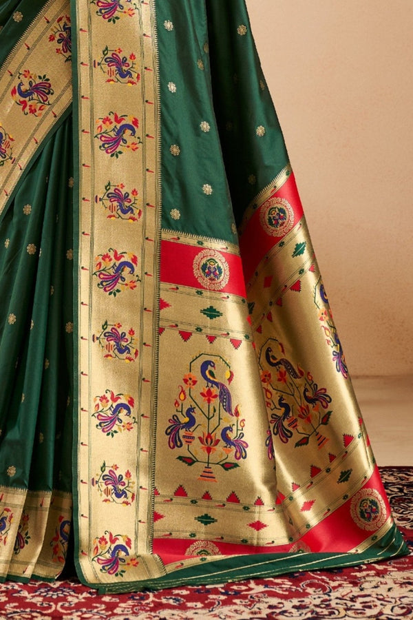 Bottle Green Paithani Silk Saree with Gold Zari Peacock Motif Pallu