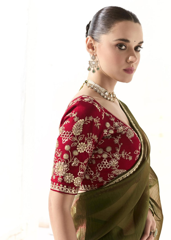 Brass Olive Green Organza Tissue Silk Saree