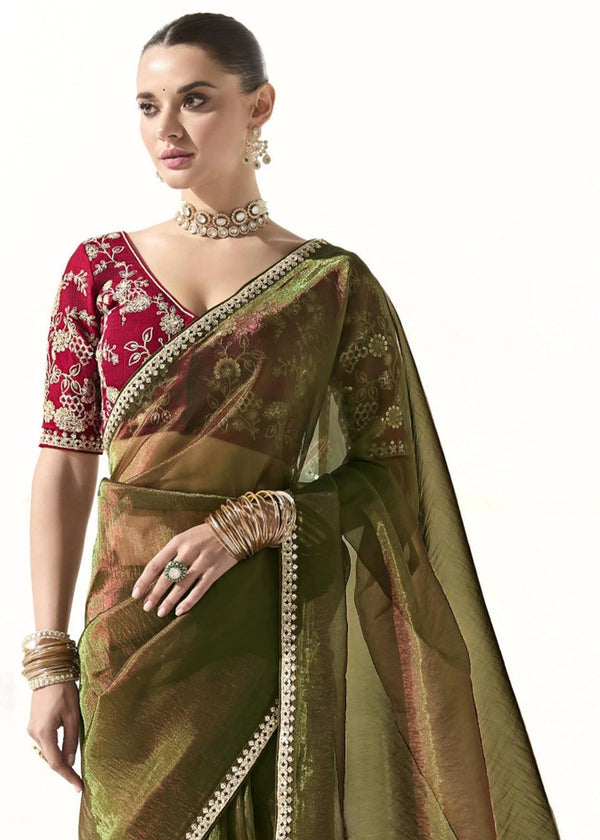 Brass Olive Green Organza Tissue Silk Saree