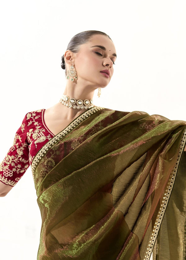 Brass Olive Green Organza Tissue Silk Saree
