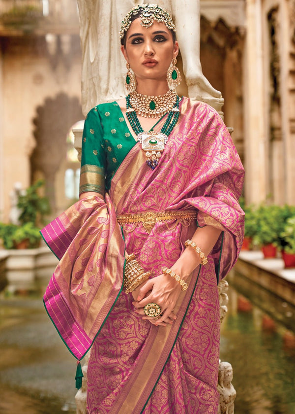 Bridal Pink Banarasi Silk Saree With Contrast Blouse