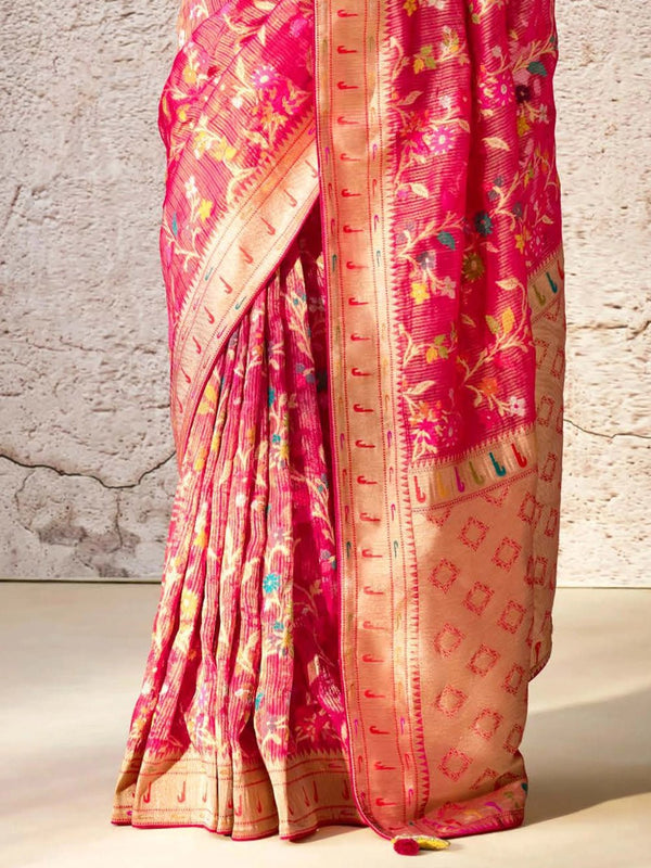 Bridal Red Zari Woven Banarasi Silk Saree With Contrast Blouse