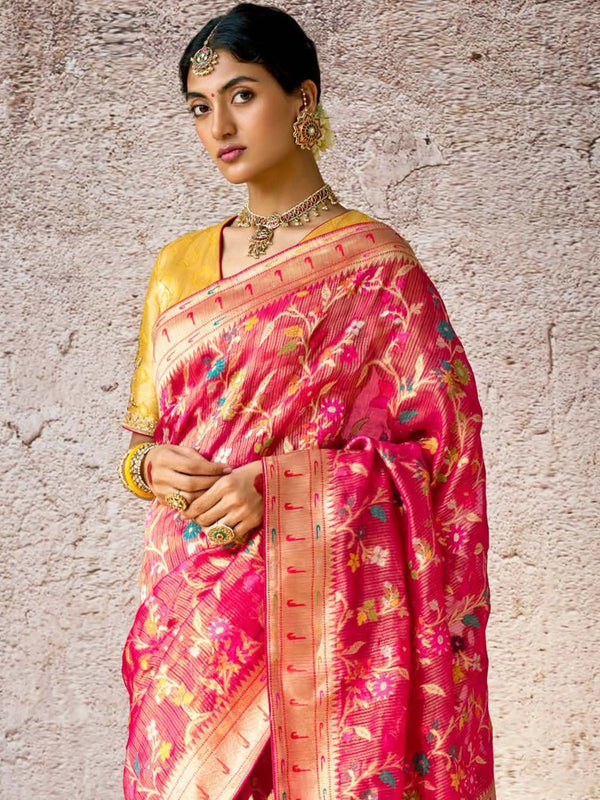 Bridal Red Zari Woven Banarasi Silk Saree With Contrast Blouse