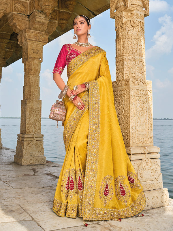 Bridal Yellow Designer Silk Saree with Zari Embroidery