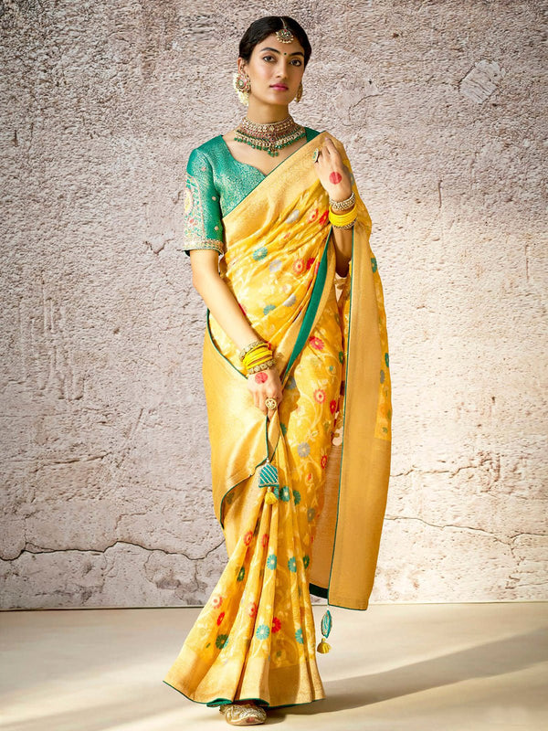 Bridal Yellow Zari Woven Banarasi Silk Saree With Contrast Blouse