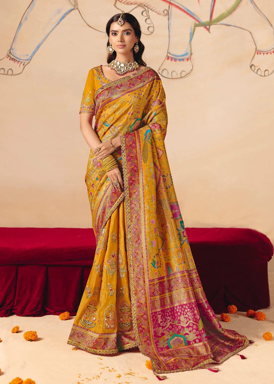 Bright Mustard Yellow Pichwai Designer Dola Silk Saree