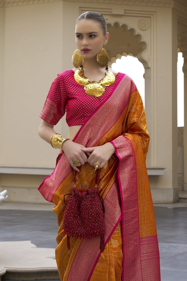 Bright Orange Kanjivaram Saree With Zari Weaving